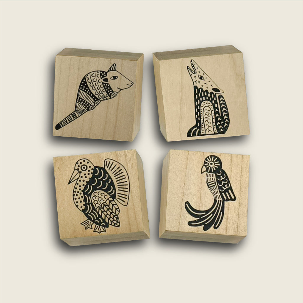 Kit de 4 sellos de goma /armadillo, coyote, guajolote y quetzal
